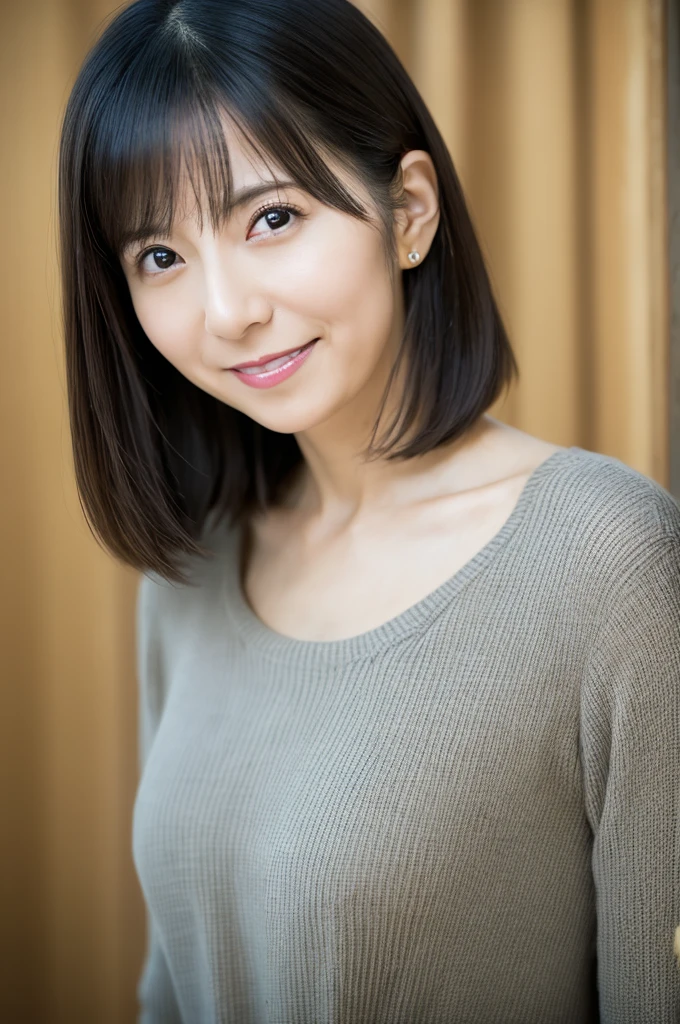 portrait, 8K, high quality, realistic photo image, 39 years old, Japan woman, neat and clean wife, small, housewife, reproduce natural and realistic eyes, Japan person stand, small, beautiful black hair, light makeup, octane rendering, beautiful lighting, golden ratio composition, smile, everyday wear, casual clothes, natural background, blurred background, 4k, high quality, realistic photo image, Japan woman, 37 years old, pure Japan face, lovely wife, upper body, small breasts, light makeup, suppin, neat beauty, mature woman, sober clothes, gray, beige, blue, sober, casual attire, smile, black hair, small black eyes, background blur