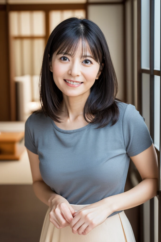 portrait, 8K, high quality, realistic photo image, 39 years old, Japan woman, neat and clean wife, small, housewife, reproduce natural and realistic eyes, Japan person stand, small, beautiful black hair, light makeup, octane rendering, beautiful lighting, golden ratio composition, smile, everyday wear, casual clothes, natural background, blurred background, 4k, high quality, realistic photo image, Japan woman, 37 years old, pure Japan face, lovely wife, upper body, small breasts, light makeup, suppin, neat beauty, mature woman, sober clothes, gray, beige, blue, sober, casual attire, smile, black hair, small black eyes, background blur