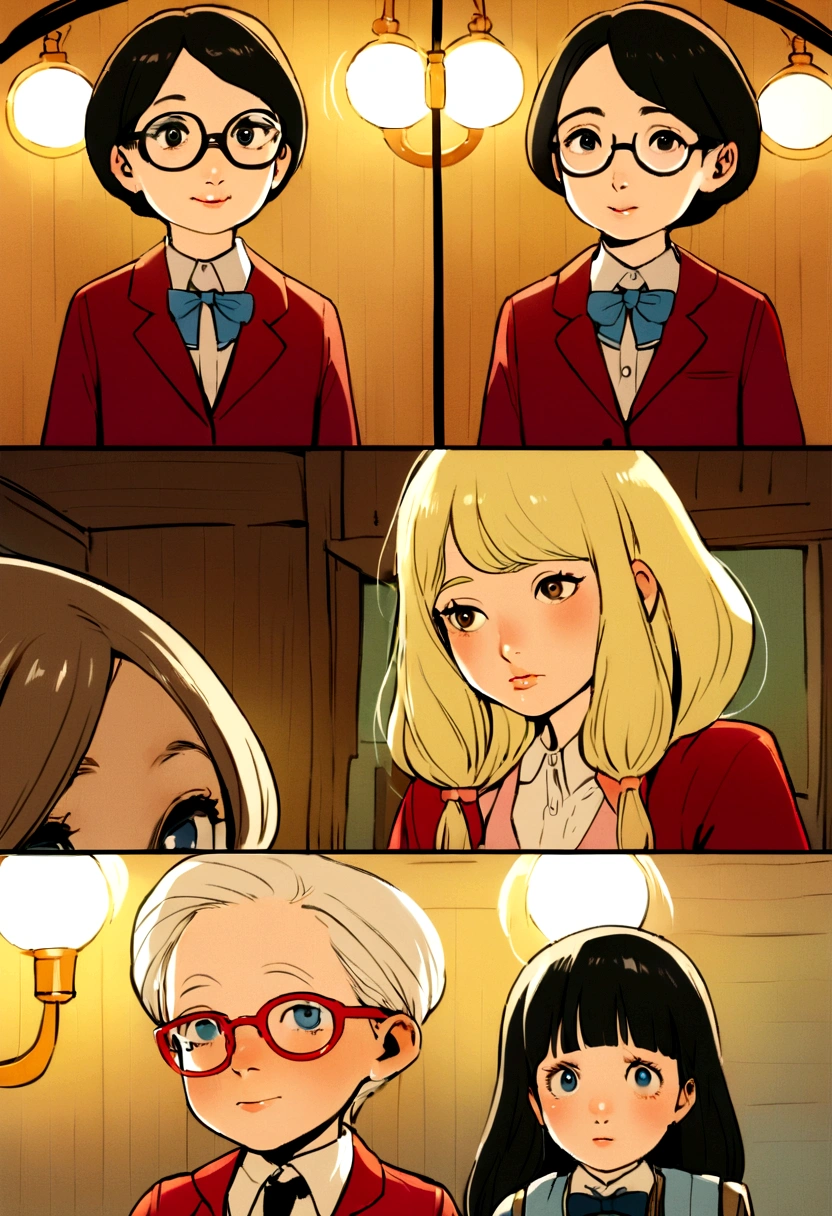 In a whimsical attic by Wes Anderson, two smart and lively English girls, 11 and 10 years old, one of them has blonde hair, the other has black hair and glasses. , are ready to go to school, I'm in a bad mood