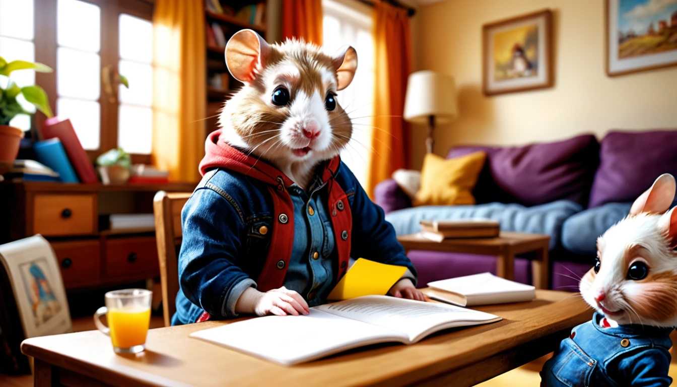(photo film style), anthropomorphic, cute baby hamster, casual clothes, living room at home, (((studying))), 2D, colorful, warm atmosphere, glossy, Jean-Baptiste Monge style, Alan Lee style