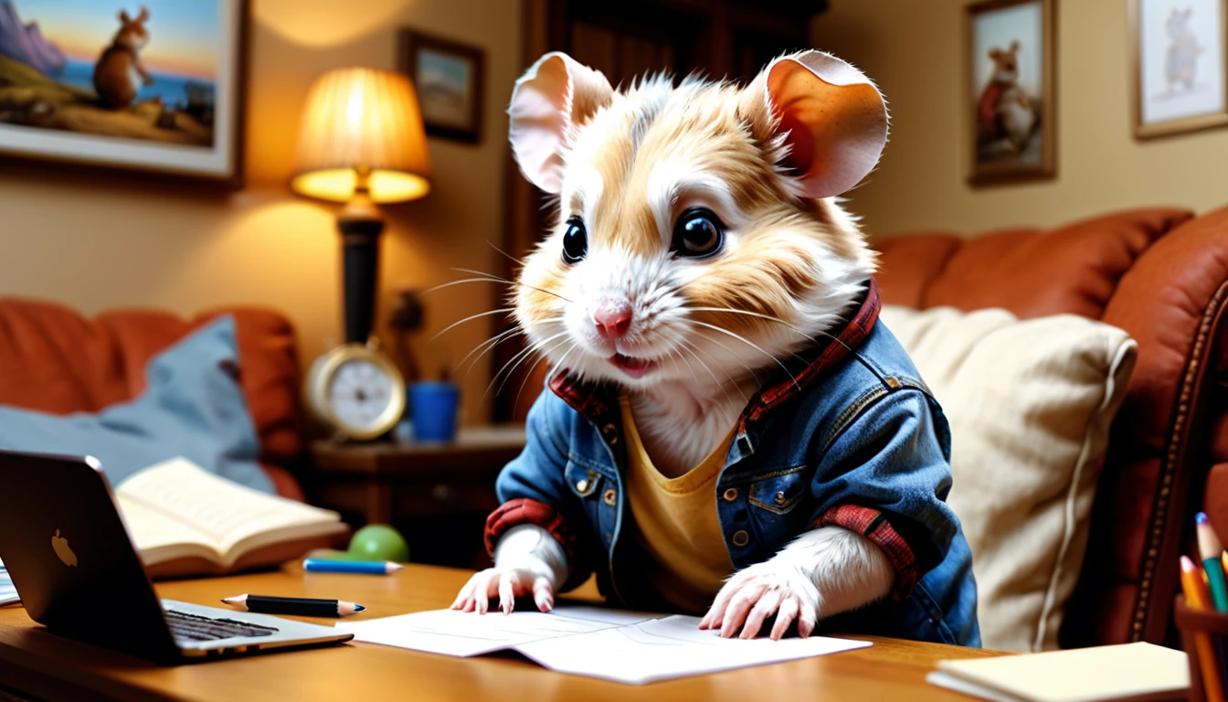 (photo film style), anthropomorphic, cute  hamster, casual clothes, living room at home, (((studying))), 2D, colorful, warm atmosphere, glossy, Jean-Baptiste Monge style, Alan Lee style