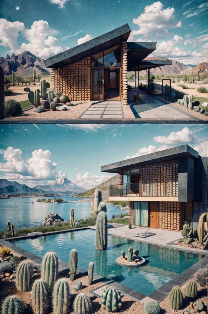An illustration, collage style, David Hockney visual style, (((Luis Barragán's architectural style houses in middle of a lake))), big boulders, little cascade, mountains, volcanos, volcanic landscape, pool, stairs, beautiful gardens, abundant vegetation, cacti, agave, big clouds, sunset. Magazine cover, serif tipography, editorial design, masterpiece, An illustration in collage style, con rocas gigantes, Brutalist construction sections, escaleras, cactus, agave, textura de concreto, Multiple geometric shapes, hatch and cross hatching, planeta Saturno. ((masterpiece, best quality)),illustration,ultra detailed 8k. (((An illustration of a build designed by Luis Barragán))), with a desertic vegetation garden, (big rocks), ((cacti)), lake, volcano in horizon, smooth clouds, (((illustration collage format))), ((Escher's art style)), (((multiple sections))), (violet, blue, olive green, grey, black and white), hard shadows, (((geometric sculptures))), concrete sculptures, high contrast, dramatic, cinematographic, ((milky way galaxy)), intricate, intricate details, sharp focus,landscape