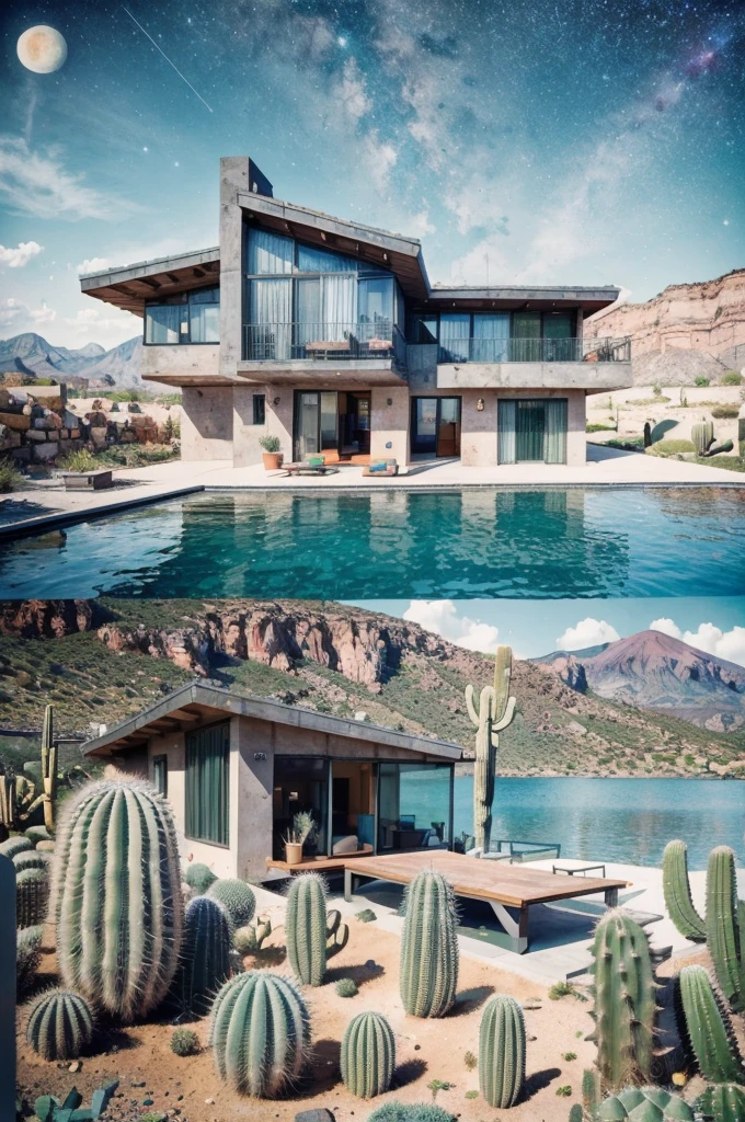 An illustration, collage style, David Hockney visual style, (((Luis Barragán's architectural style houses in middle of a lake))), big boulders, little cascade, mountains, volcanos, volcanic landscape, pool, stairs, beautiful gardens, abundant vegetation, cacti, agave, big clouds, sunset. Magazine cover, serif tipography, editorial design, masterpiece, An illustration in collage style, con rocas gigantes, Brutalist construction sections, escaleras, cactus, agave, textura de concreto, Multiple geometric shapes, hatch and cross hatching, planeta Saturno. ((masterpiece, best quality)),illustration,ultra detailed 8k. (((An illustration of a build designed by Luis Barragán))), with a desertic vegetation garden, (big rocks), ((cacti)), lake, volcano in horizon, smooth clouds, (((illustration collage format))), ((Escher's art style)), (((multiple sections))), (violet, blue, olive green, grey, black and white), hard shadows, (((geometric sculptures))), concrete sculptures, high contrast, dramatic, cinematographic, ((milky way galaxy)), intricate, intricate details, sharp focus,landscape