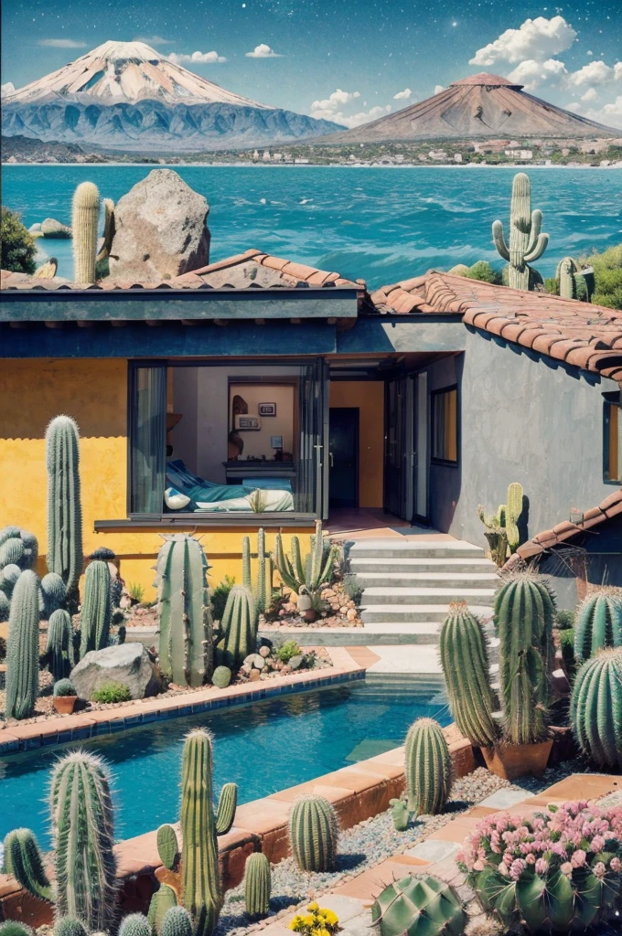 An illustration, collage style, David Hockney visual style, (((Luis Barragán's architectural style houses in middle of a lake))), big boulders, little cascade, mountains, volcanos, volcanic landscape, pool, stairs, beautiful gardens, abundant vegetation, cacti, agave, big clouds, sunset. Magazine cover, serif tipography, editorial design, masterpiece, An illustration in collage style, con rocas gigantes, Brutalist construction sections, escaleras, cactus, agave, textura de concreto, Multiple geometric shapes, hatch and cross hatching, planeta Saturno. ((masterpiece, best quality)),illustration,ultra detailed 8k. (((An illustration of a build designed by Luis Barragán))), with a desertic vegetation garden, (big rocks), ((cacti)), lake, volcano in horizon, smooth clouds, (((illustration collage format))), ((Escher's art style)), (((multiple sections))), (violet, blue, olive green, grey, black and white), hard shadows, (((geometric sculptures))), concrete sculptures, high contrast, dramatic, cinematographic, ((milky way galaxy)), intricate, intricate details, sharp focus,landscape