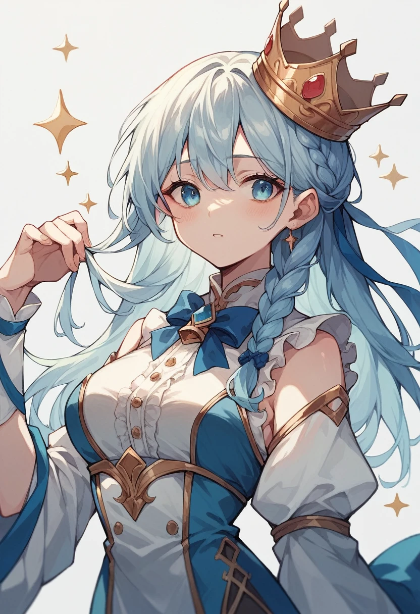 An anime-style girl with white hair and inner layers of her hair dyed light blue.Hair braided on the right side,Golden Crown,Clothes like silk,Blue and white outfit,Light blue ribbon around the neck