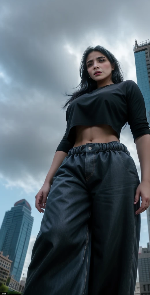 "A towering Giantess in a cool and laid-back hippie style is rocking a crop top and baggy pants. Her toned and athletic build hints at her massive strength. She seems to be casually strolling through the bustling cityscape of GTS City, as towering buildings loom overhead. Smoke and clouds roil around her, adding to the sense of epic scale and drama. The lighting is dark, gloomy, and realistic, creating a tense and ominous atmosphere. The perspective is from below, emphasizing the sheer majesty and power of the Giantess."