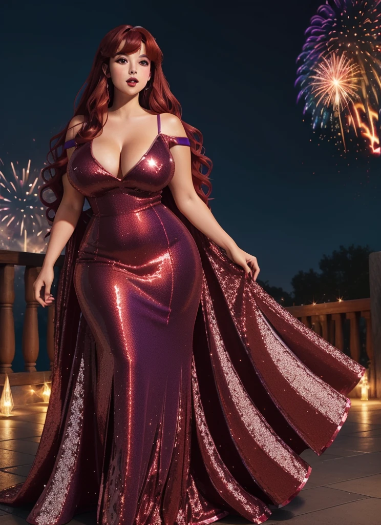 DisneyAurora, 27 years old, full body view Beautiful woman (((long wavy auburn hair, two side up with bangs))) defined body, voluptuous, sexy, cherry red lipstick, arms by her sides, hands free, mouth slightly open, standing facing camera, ((( sparkling sequined purple long dress)), on a patio surrounded by fireworks exploding in the sky in the background, night (large_breasts:1.4) (curvy:1.3)(chubby:1.0)