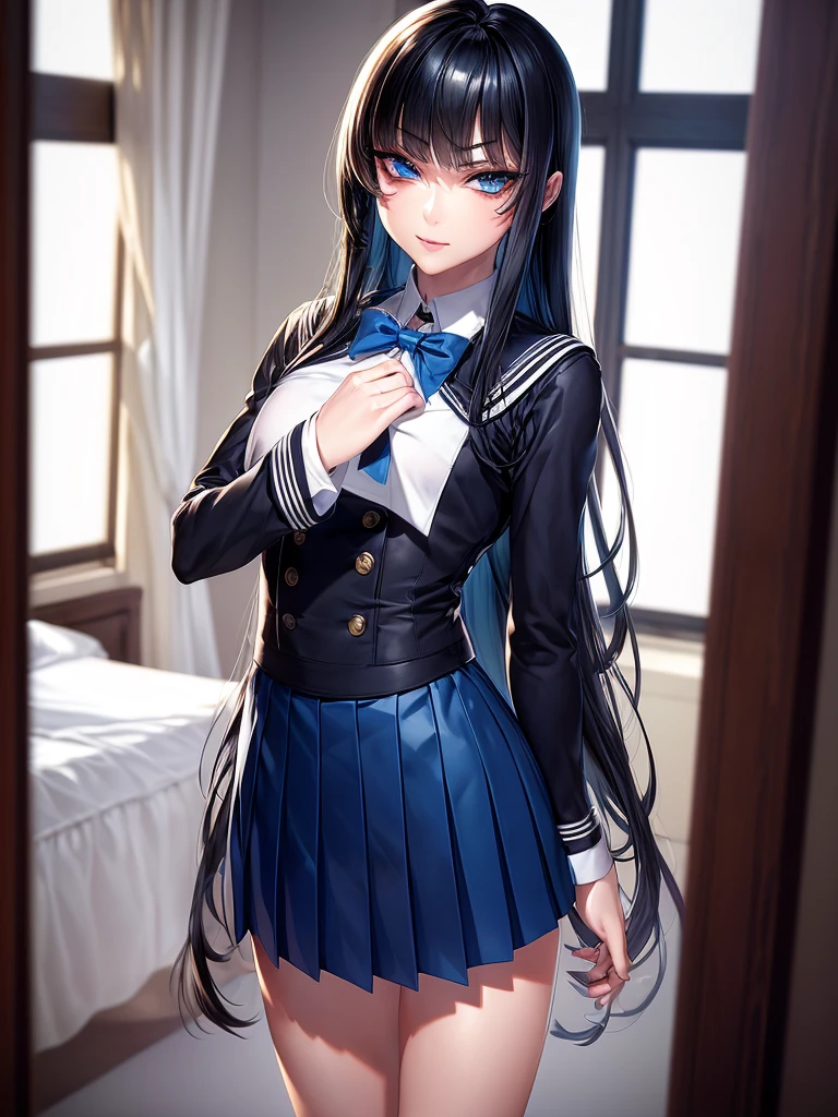 {{masterpiece}}}, {{{School Uniform}}}, {{{best quality}}}, {{ultra-detailed}}, {cinematic lighting}, {illustration}, {beautiful detailed eyes}, {1boy} [Femboy] (indoors), inside a bedroom, extremely detailed character ultra-detailed, detailed face, beautiful young teen, solo, perfect face, perfect eyes, smoky eyeliner, eyeshadow, sharp focus, intricate details, ultra detailed body, ultra detail hair, ultra detail face, long black hair, sadistic face, standing, wearing a white school sailor uniform, wearing a skirt, fair skin, hands at side, looking at viewer, blue eyes, dark blue hair, smirking, slim waist, delicate body, wearing women's clothes, flat chest, average height, sadistic, sharp face, cowboy shot, full body, highly femininize 