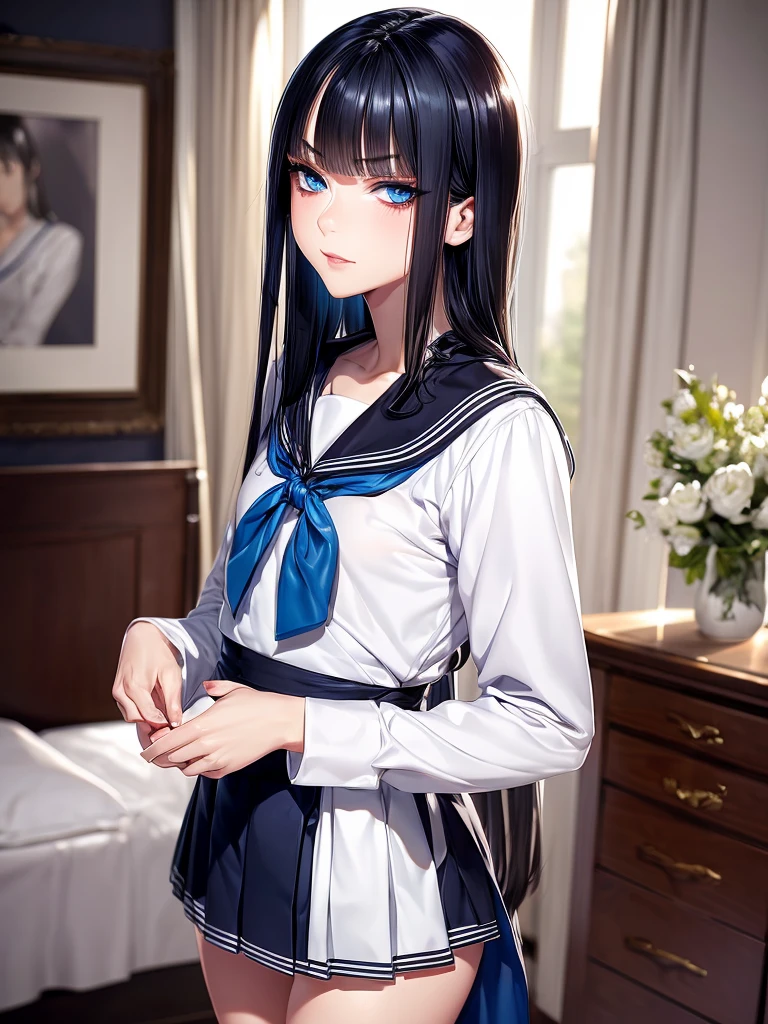 {{masterpiece}}}, {{{School Uniform}}}, {{{best quality}}}, {{ultra-detailed}}, {cinematic lighting}, {illustration}, {beautiful detailed eyes}, {1boy} [Femboy] (indoors), inside a bedroom, extremely detailed character ultra-detailed, detailed face, beautiful young , solo, perfect face, perfect eyes, smoky eyeliner, eyeshadow, sharp focus, intricate details, ultra detailed body, ultra detail hair, ultra detail face, long black hair, sadistic face, standing, wearing a white school sailor uniform, wearing a skirt, fair skin, hands at side, looking at viewer, blue eyes, dark blue hair, smirking, slim waist, delicate body, wearing women's clothes, flat chest, average height, sadistic, sharp face, cowboy shot, full body, highly femininize 