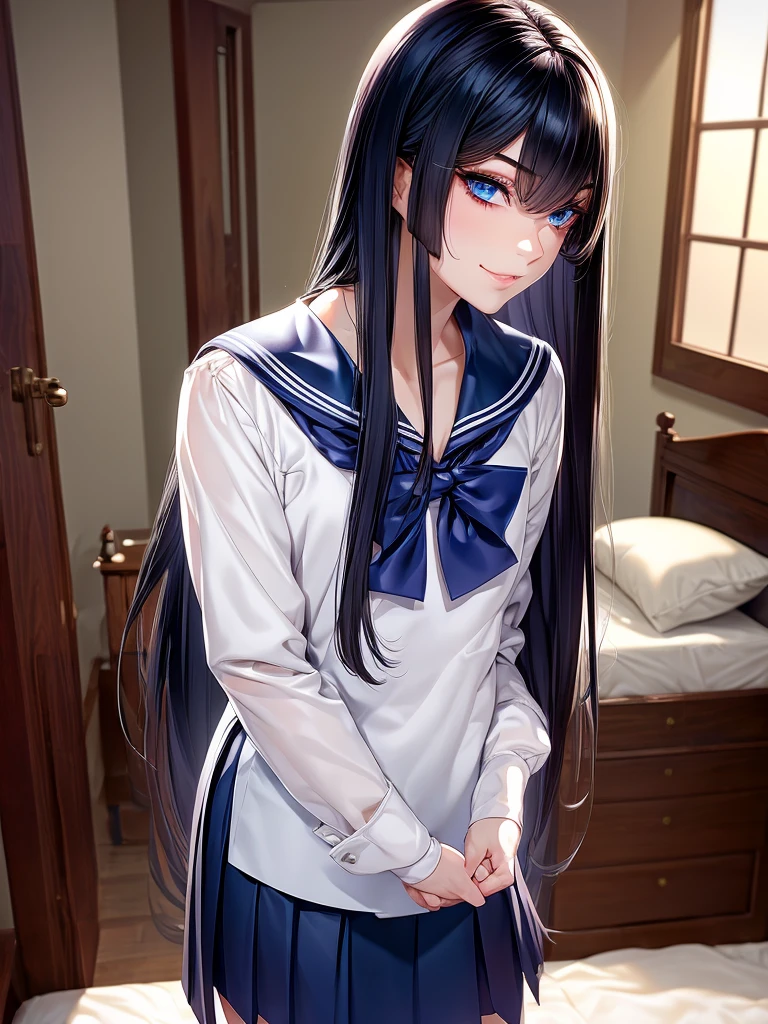 {{masterpiece}}}, {{{School Uniform}}}, {{{best quality}}}, {{ultra-detailed}}, {cinematic lighting}, {illustration}, {beautiful detailed eyes}, {1boy} [Femboy] (indoors), inside a bedroom, extremely detailed character ultra-detailed, detailed face, beautiful  teen, solo, perfect face, perfect eyes, smoky eyeliner, eyeshadow, sharp focus, intricate details, ultra detailed body, ultra detail hair, ultra detail face, long black hair, sadistic face, standing, wearing a white school sailor uniform, wearing a skirt, fair skin, hands at side, looking at viewer, blue eyes, dark blue hair, smirking, slim waist, delicate body, wearing women's clothes, flat chest, average height, sadistic, sharp face, cowboy shot, full body, highly femininize 