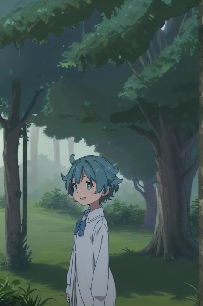 a 11-year-old girl neverland_lapis lazuli standing on a beautiful blue field with trees in the background, she has blue eyes, short hair and wears a long sleeved white collared shirt, she has blue hair she has a bright smile, the sun is setting, The soft lighting and detailed surroundings create an immersive environment where imagination runs wild hyper-detailed, hyper-detailed face, high quality visuals, dim Lighting, sharply focused, octane render, blue rhair8k UHD