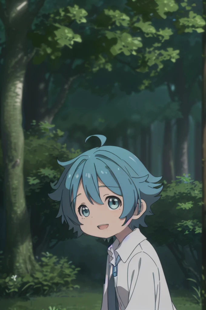 a 11-year-old girl neverland_lapis lazuli standing on a beautiful blue field with trees in the background, she has blue eyes, short hair and wears a long sleeved white collared shirt, she has blue hair she has a bright smile, the sun is setting, The soft lighting and detailed surroundings create an immersive environment where imagination runs wild hyper-detailed, hyper-detailed face, high quality visuals, dim Lighting, sharply focused, octane render, blue rhair8k UHD