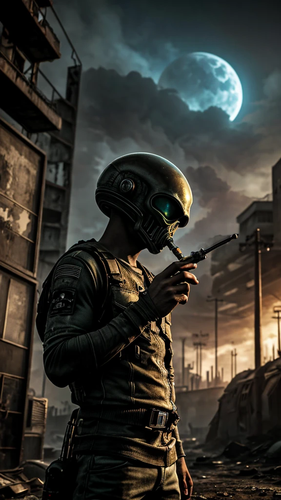 alien smoking pipe of weed, a lot of smoke, monochromatic, postapocalyptic cyberpunk style, photorealistic with doze of surrealism
