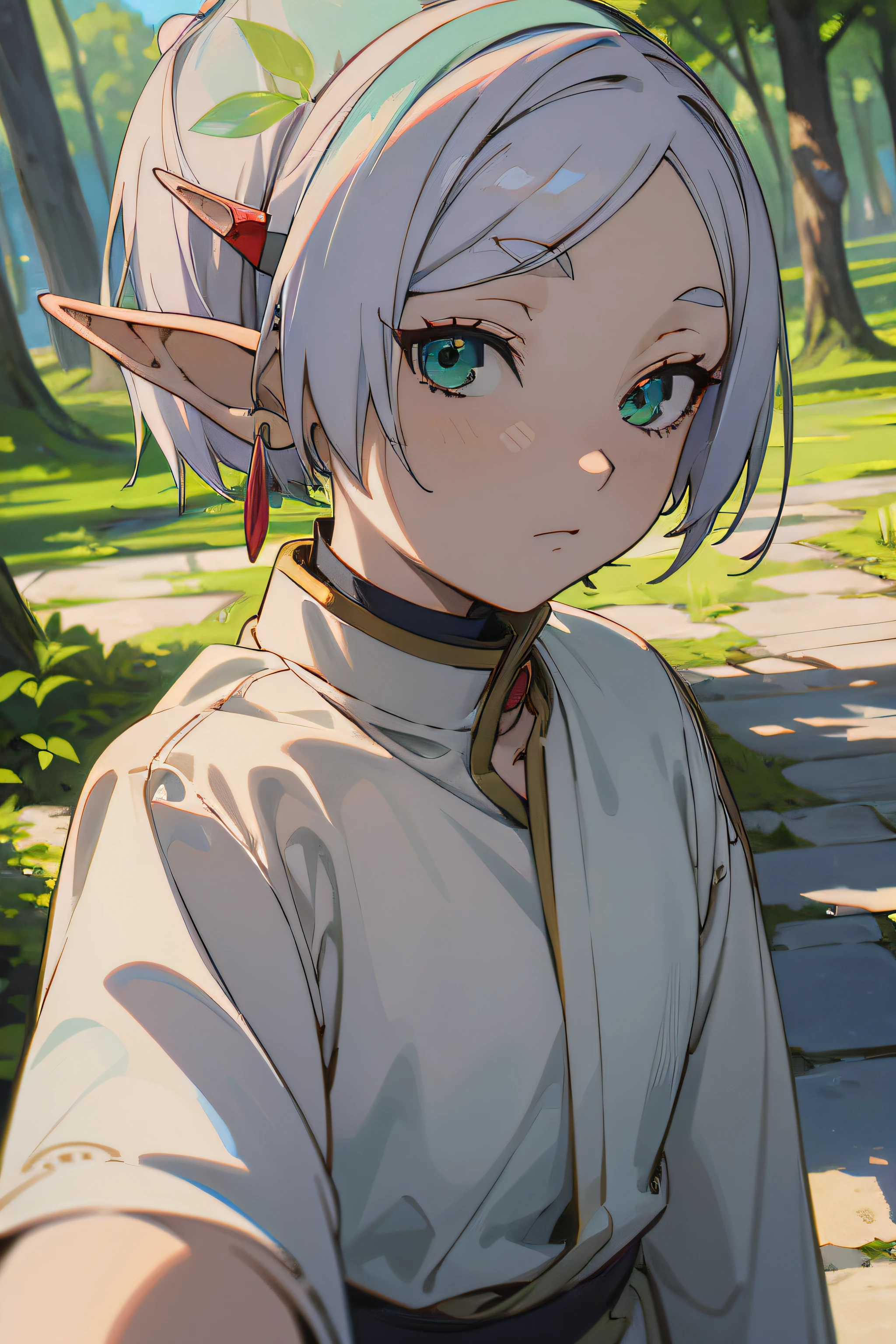 (tabletop, best qualityer, very detailed illustration, 8k hd), freeze, Green Eye, Leprechaun, pointy ear, White hair, hair ornament, aretes, gazing at viewer, trunk, SLeprechaunie angle, Full ar