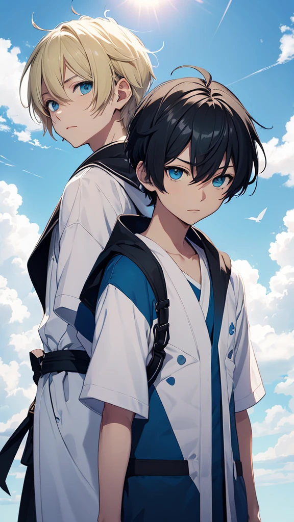 Young Ren and young Minato、Scene of standing on white clouds in a blue sky。

Behind them is blue々The clear sky background spreads out.。

Len has short hair and green eyes.、Wearing casual adventure clothing。

Minato has short black hair and blue eyes.、Wearing a white robe。