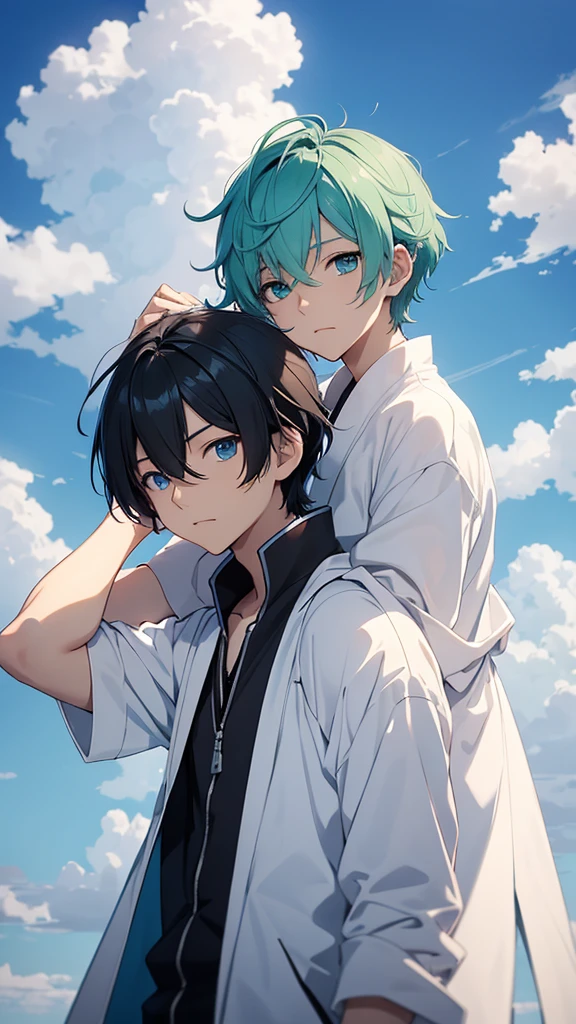 Young Ren and young Minato、Scene of standing on white clouds in a blue sky。
Behind them is blue々The clear sky background spreads out.。
Len has short hair and green eyes.、Wearing casual adventure clothing。
Minato has short black hair and blue eyes.、Wearing a white robe。