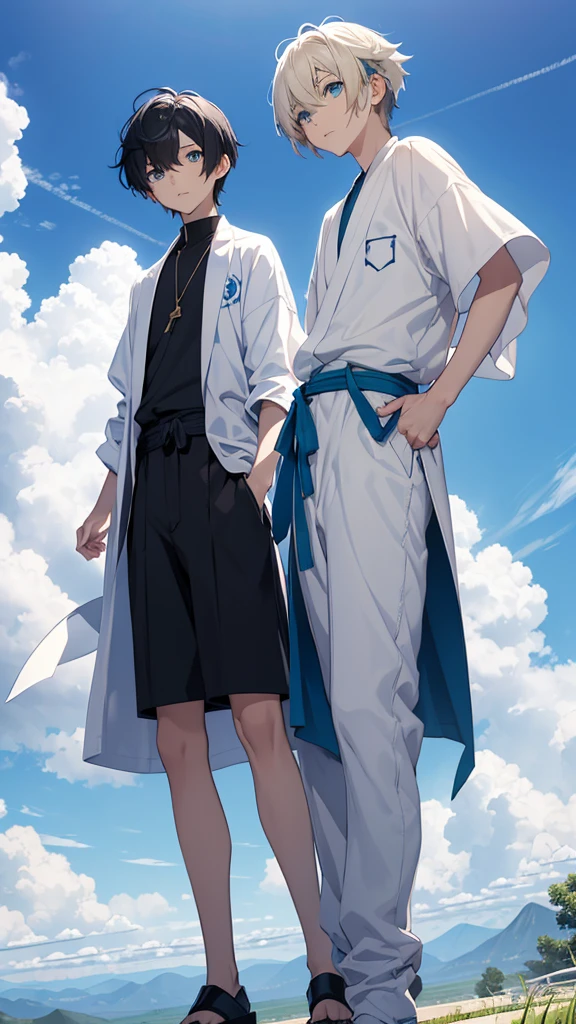 Young Ren and young Minato、Scene of standing on white clouds in a blue sky。
Behind them is blue々The clear sky background spreads out.。
Len has short hair and green eyes.、Wearing casual adventure clothing。
Minato has short black hair and blue eyes.、Wearing a white robe。