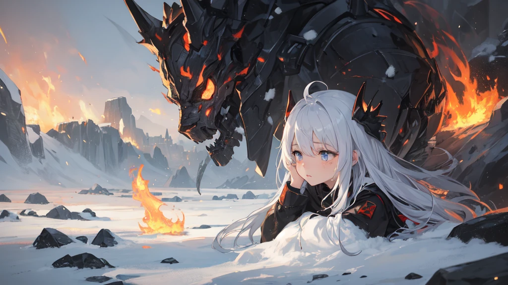 masterpiece:1.2), best quality , 独奏 ,pixiv, anime girl ，long straight white hair , black eyes ,Wearing off-white camouflage uniform ,ten years old，modern battlefield，(Eyes looking into the distance:1.3)，(look away:1.5)，snowy weather，dirty face，The background is a sea of fire with blood on the forehead，dirty face，Backlight，Bare rocky peaks ,Fierce flames are burning，The expression is sad，bullets flying，leave tears，When the war situation seems to be developing for the better,，A girl wakes up from her deep sleep，She doesn&#39;t understand her own life、Not sure about the power in the body，As pure as white paper。At the same time, another soul is sleeping inside the girl&#39;s body.，it was an accident，It is also one of the waves that changes the world。