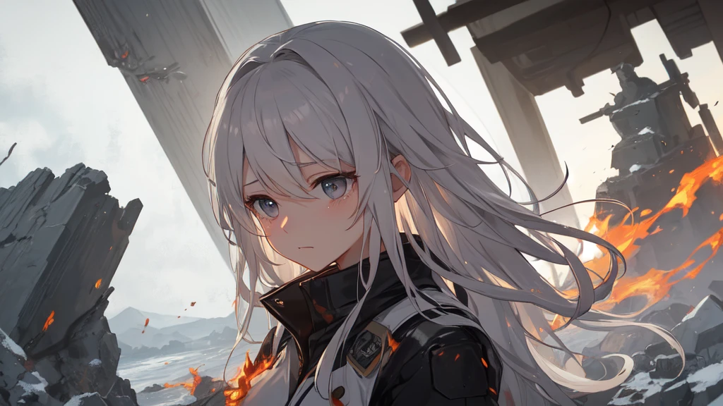 masterpiece:1.2), best quality , 独奏 ,pixiv, anime girl ，long straight white hair , black eyes ,Wearing off-white camouflage uniform ,ten years old，modern battlefield，(Eyes looking into the distance:1.3)，(look away:1.5)，snowy weather，dirty face，The background is a sea of fire with blood on the forehead，dirty face，Backlight，Bare rocky peaks ,Fierce flames are burning，The expression is sad，bullets flying，leave tears，When the war situation seems to be developing for the better,，A girl wakes up from her deep sleep，She doesn&#39;t understand her own life、Not sure about the power in the body，As pure as white paper。At the same time, another soul is sleeping inside the girl&#39;s body.，it was an accident，It is also one of the waves that changes the world。