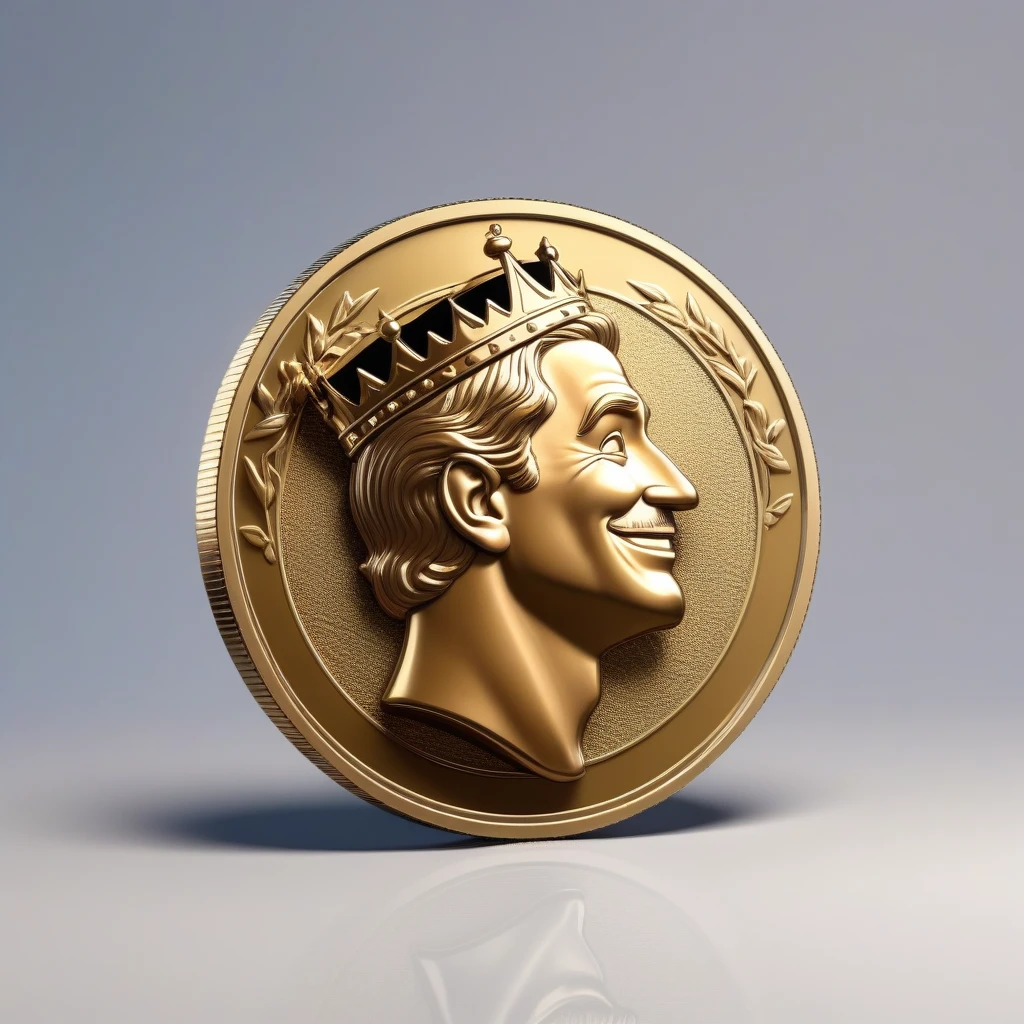 The character is a king, Disney Pixar inspired on coin, He wears a crown, smiling, next to it is an image of the king in profile, king full face, image of the king on the coin in profile, beautiful coin, coin like in blender 3d



