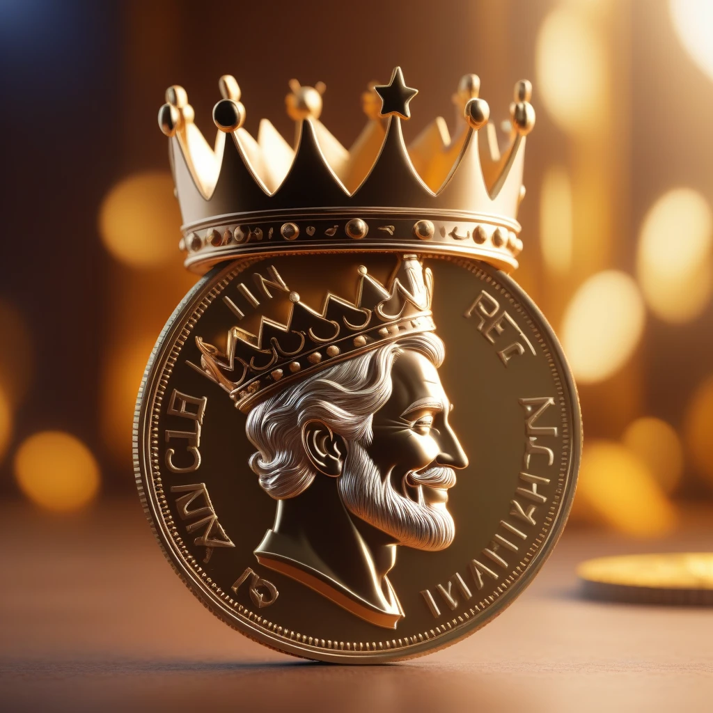 The character is a king, Disney Pixar inspired on coin, He wears a crown, smiling, next to it is an image of the king in profile, king full face, image of the king on the coin in profile, beautiful coin, coin like in blender 3d