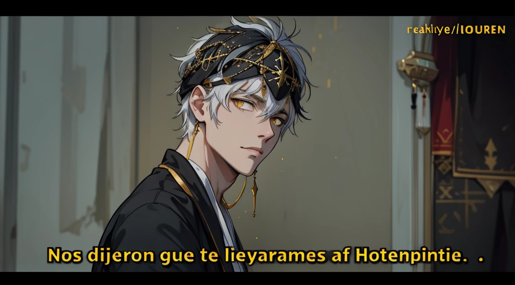 white hair yellow eyes black egyptian tunic with yellow and gold decorations he is listening to someone he is serious thoughtful