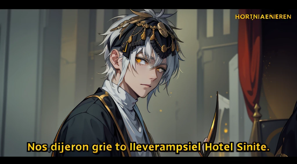 white hair yellow eyes black egyptian tunic with yellow and gold decorations he is listening to someone he is serious thoughtful