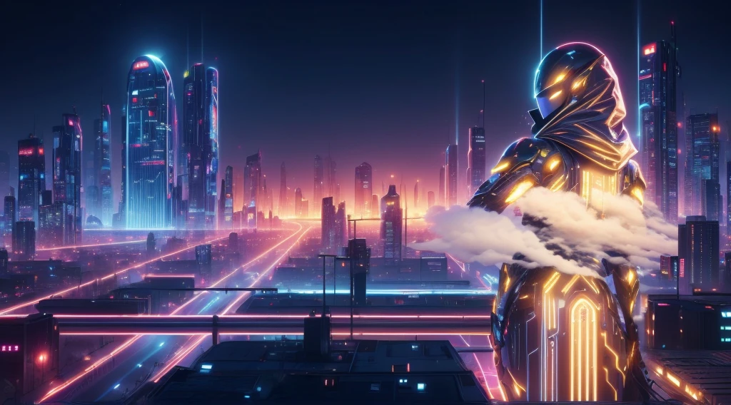 image taken from behind the shoulder of a GIRL with her back turned and DRESSED IN A HOOD from a balcony of a futuristic building with, She is looking at an aerial view of an ultra-futuristic North American megalopolis, view of the entire city with many metal buildings and houses in dark colors from dark blue to black, a cidade tem tons de cinza metal, has smoky metal structures , industrial environment with smoke and fog around, carros escuros nas ruas, desert megalopolis, trilhos e trens modernos de de metal passando estre as ruas da cidade, tall futuristic metal buildings, many ultra modern buildings around, , as realistic as possible, As detailed as possible, Science fiction