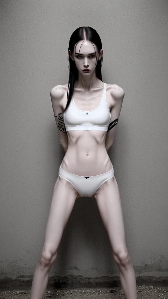 a woman, very thin body, body visible bones, very slender, pale white skin, sweaty wet body, sport bra , sport panties, tatto, full body, has a mental breakdown in an underground prison