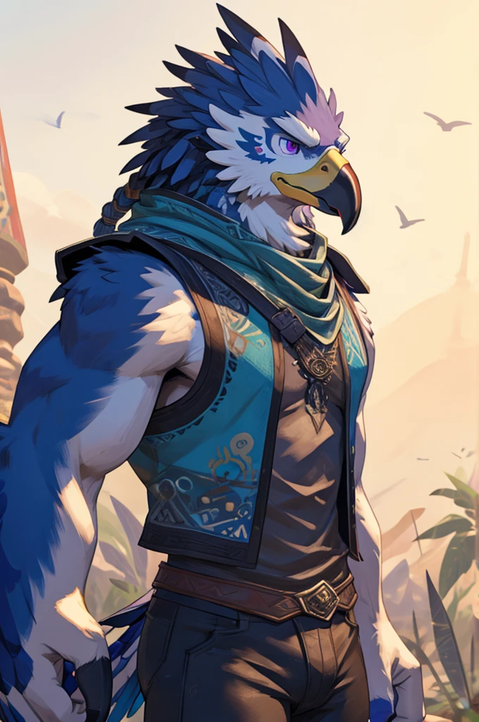 A Male Muscular Anthropomorphic Rito From Legend of Zelda Breath of The Wild Has A Calm, But Serious Face Expression And Has Black Feathers, Purple Eyes, Large Winged Arms And Hands While He Was Wearing A Jacket Vest With A White Tank-Top Underneath, Blue Champion Scarf, A Pair of Black Jeans