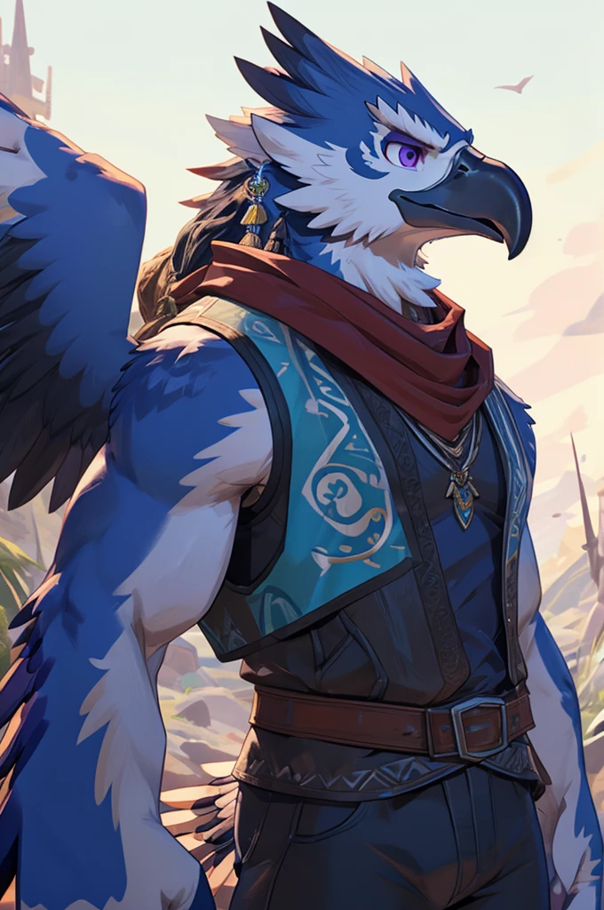A Male Muscular Anthropomorphic Rito From Legend of Zelda Breath of The Wild Has A Calm, But Serious Face Expression And Has Black Feathers, Purple Eyes, Large Winged Arms And Hands While He Was Wearing A Jacket Vest With A White Tank-Top Underneath, Blue Champion Scarf, A Pair of Black Jeans