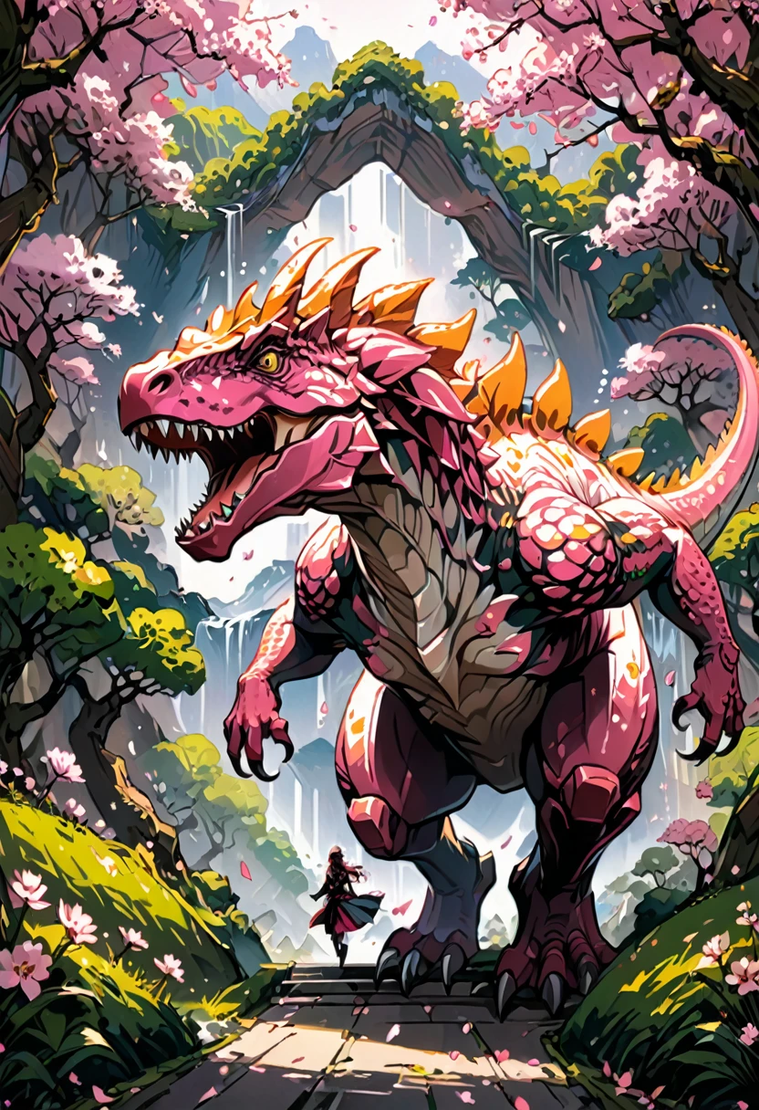 (Pink Dinosaur), the image mainly depicts a pink Tyrannosaurus Rex with delicate pink scales draped over its body, leisurely strolling in the pink cherry blossom forest. Sakura petals dance lightly in the wind and fall on its back, creating a warm and harmonious scene. The background is a pink cherry blossom forest, (Photography), award-winning, cinematic still, emotional, vignette, dynamic, vivid, (masterpiece, best quality, Professional, perfect composition, very aesthetic, absurdres, ultra-detailed, intricate details:1.3)