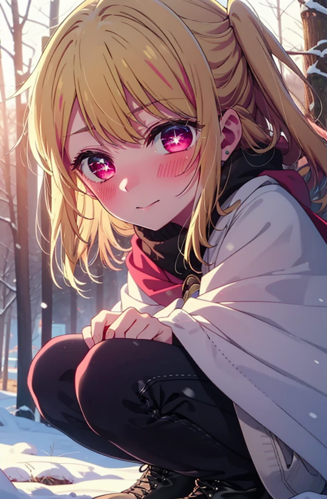 rubyhoshino, Hoshino Ruby, Long Hair, bangs, blonde, (Pink Eyes:1.3), Side Lock, (Symbol-shaped pupil:1.5), Multicolored Hair, Two-tone hair, smile,,smile,blush,White Breath,
Open your mouth,snow,Ground bonfire, Outdoor, boots, snowing, From the side, wood, suitcase, Cape, Blurred, , forest, White handbag, nature, Squat, Mouth closed, Cape, winter, Written boundary depth, Black shoes, red Cape break looking at viewer, Upper Body, whole body, break Outdoor, forest, nature, break (masterpiece:1.2), Highest quality, High resolution, unity 8k wallpaper, (shape:0.8), (Beautiful and beautiful eyes:1.6), Highly detailed face, Perfect lighting, Extremely detailed CG, (Perfect hands, Perfect Anatomy),