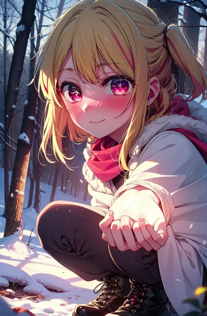 rubyhoshino, Hoshino Ruby, Long Hair, bangs, blonde, (Pink Eyes:1.3), Side Lock, (Symbol-shaped pupil:1.5), Multicolored Hair, Two-tone hair, smile,,smile,blush,White Breath,
Open your mouth,snow,Ground bonfire, Outdoor, boots, snowing, From the side, wood, suitcase, Cape, Blurred, , forest, White handbag, nature,  Squat, Mouth closed, Cape, winter, Written boundary depth, Black shoes, red Cape break looking at viewer, Upper Body, whole body, break Outdoor, forest, nature, break (masterpiece:1.2), Highest quality, High resolution, unity 8k wallpaper, (shape:0.8), (Beautiful and beautiful eyes:1.6), Highly detailed face, Perfect lighting, Extremely detailed CG, (Perfect hands, Perfect Anatomy),