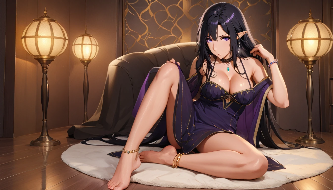 score_9, score_8_up, score_7_up, score_6_up, uncensored, gamma, long hair, purple eyes, black hair, very long hair, pointy ears, mole, mole under mouth, naughty face, shiny skin, sweating, steaming body, heavy breathing, BREAK (masterpiece:1.2), best quality, high resolution, unity 8k wallpaper, (illustration:0.8), (detailed eyes:1.3), perfect lighting, extremely detailed CG, (perfect hands, perfect anatomy), 1girl, anklet, barefoot, solo, jewelry, sitting, indoors, breasts, choker, looking_at_viewer, cleavage, bracelet, bare_shoulders, dress, 