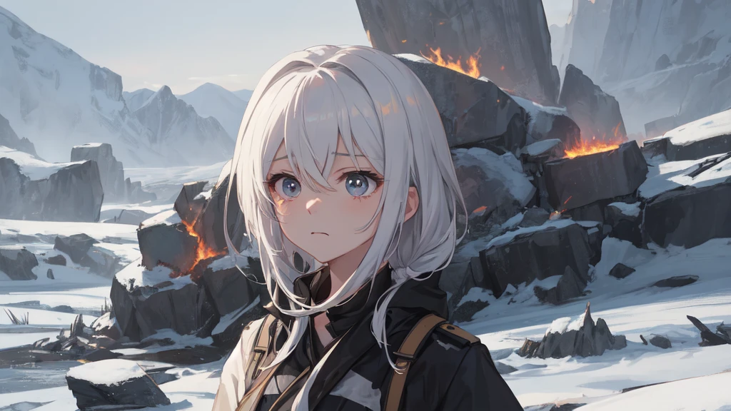 masterpiece:1.2), best quality , 独奏 ,pixiv, anime girl ，long straight white hair , black eyes ,Wearing off-white camouflage uniform ,ten years old，modern battlefield，(Eyes looking into the distance:1.3)，(look away:1.5)，snowy weather，dirty face，The background is a sea of fire with blood on the forehead，dirty face，Backlight，Bare rocky peaks ,Fierce flames are burning，The expression is sad，leave tears，When the war situation seems to be developing for the better,，A girl wakes up from her deep sleep，She doesn&#39;t understand her own life、Not sure about the power in the body，As pure as white paper。At the same time, another soul is sleeping inside the girl&#39;s body.，it was an accident，It is also one of the waves that changes the world。