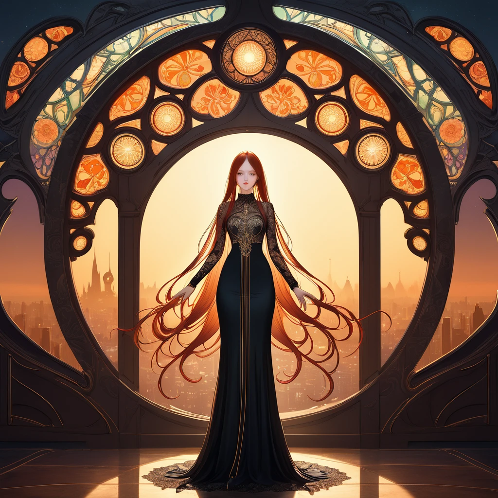 Super detailed, nice, very long and straight hair orange-colored hair, orange-reddish sunset eyes and long, straight hair with a sunset reddish-orange fringe , Dress in fantasy style black with gold color, Blushing, Confident look and pose, Urban Background, Highly stylized, Depth of written boundary, Bokeh effect, Backlight, stylish, elegant, Breathtaking visual richness, Full Body Shot, masterpiece, Art Nouveau influence, Fantastic beauty inspired by Makima, Intricate floral pattern in the style of Alphonse Mucha, Cyberpunk Neon Cityscape, Delicate lace and silk texture, Whimsical yet dark atmosphere, Surreal Tim Burton-esque architecture, Shining Accents, Otherworldly aura, Provocative yet mysterious attitude
