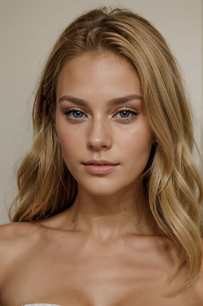 femme de 23 ans blonde mannequin, beaucoup maquillé, visage de face, beau regard et beau bronzage, belle lèvre, réaliste