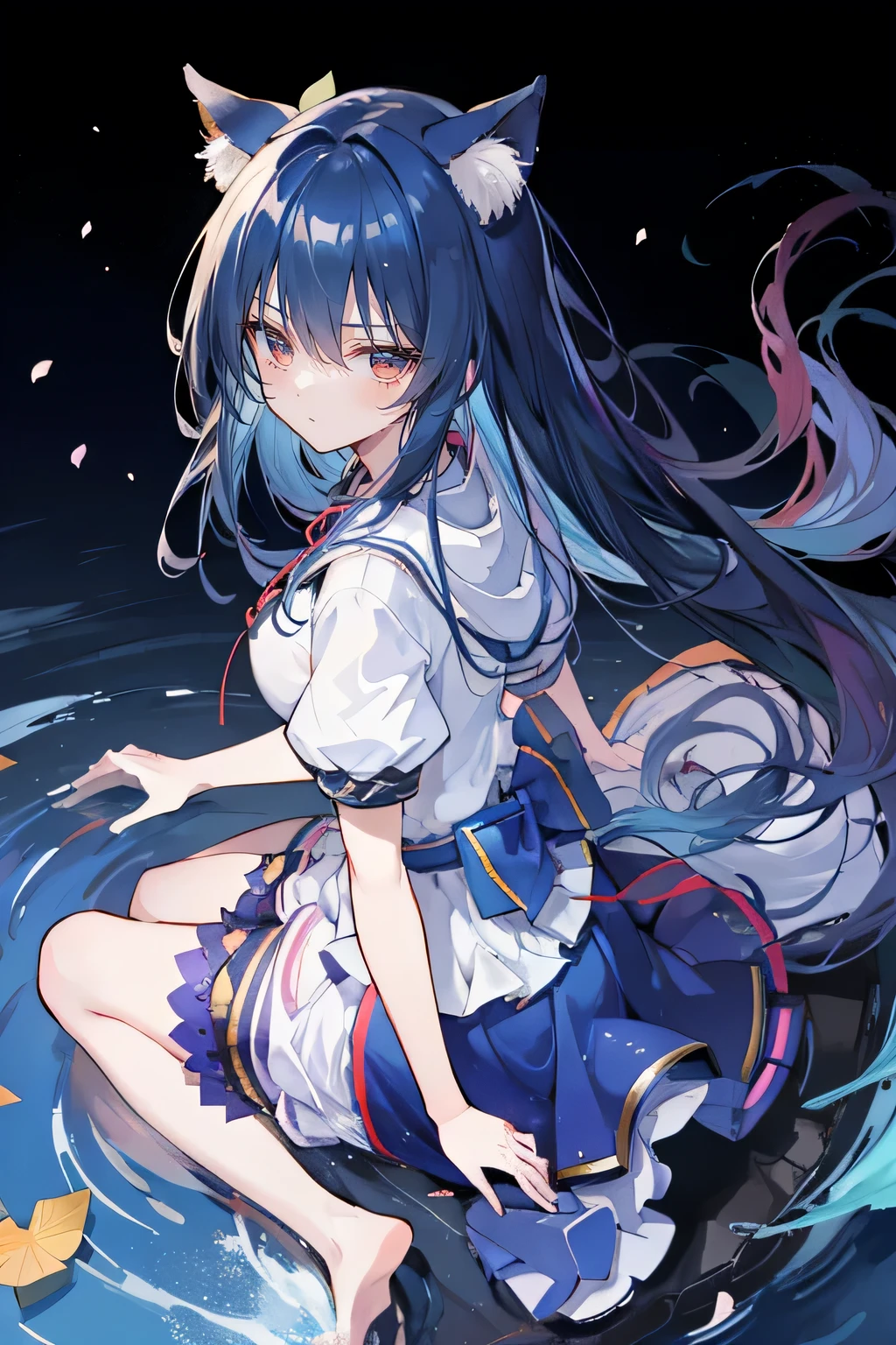 (masterpiece:1.2),Super detailed,lifelike,Expressive eyes,fair skin,perfect face shape,1 girl,
Japanese comics,Gorgeous blue hair,flowing blue hair,flowing clothes,Cat ears,Petals fall,beautiful lola,Baby Angel,
Shaking head with one hand,Cross your legs,Gentle and peaceful background,The pavilion is cool and comfortable,smile, wearing hoodie, background of tokyo,back views,snowing, winter,lie on the water. dark blue gradient hair,asymmetrical hair,((Hair is very thick 1.8,Chiseled hair 1.6)), Hair over the shoulders, Messy hair, Very long hair, shiny hair,(long dark blue hair:1.2),A beautiful girl,(Transparent clothes transparent 1.8),Perfect body,Big thin legs,slender,(Looks very sad,Looks haggard ,sadness,shut your mouth:1.2) Against the backdrop of an unusually bright dark starry sky,(Put your hands behind your back),(round,Room, Strong breasts),barefoot,float,water surface,(long legs,long legs,long legs,Complete)