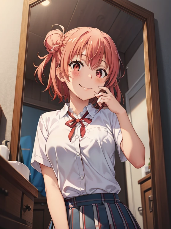 ((masutepiece, Best Quality, hight resolution, nffsw, Perfect Pixel, depth of fields, 4K, )), 1girl in, Solo, , Beautiful anime girl, Beautiful Art Style,
very low view angle:1.3, view from below:1.5, sky from below:1.5, bathroom background,
Perfect body, smile face:1.5 shot from below:1.4, finger on lips:1.5, selfie in mirror:1.5, school uniform:1.5,
Yuigahama Yui, Hair bun, short hair, medium breasts,
Full face blush, red face,
straight on:1.3, medium shot