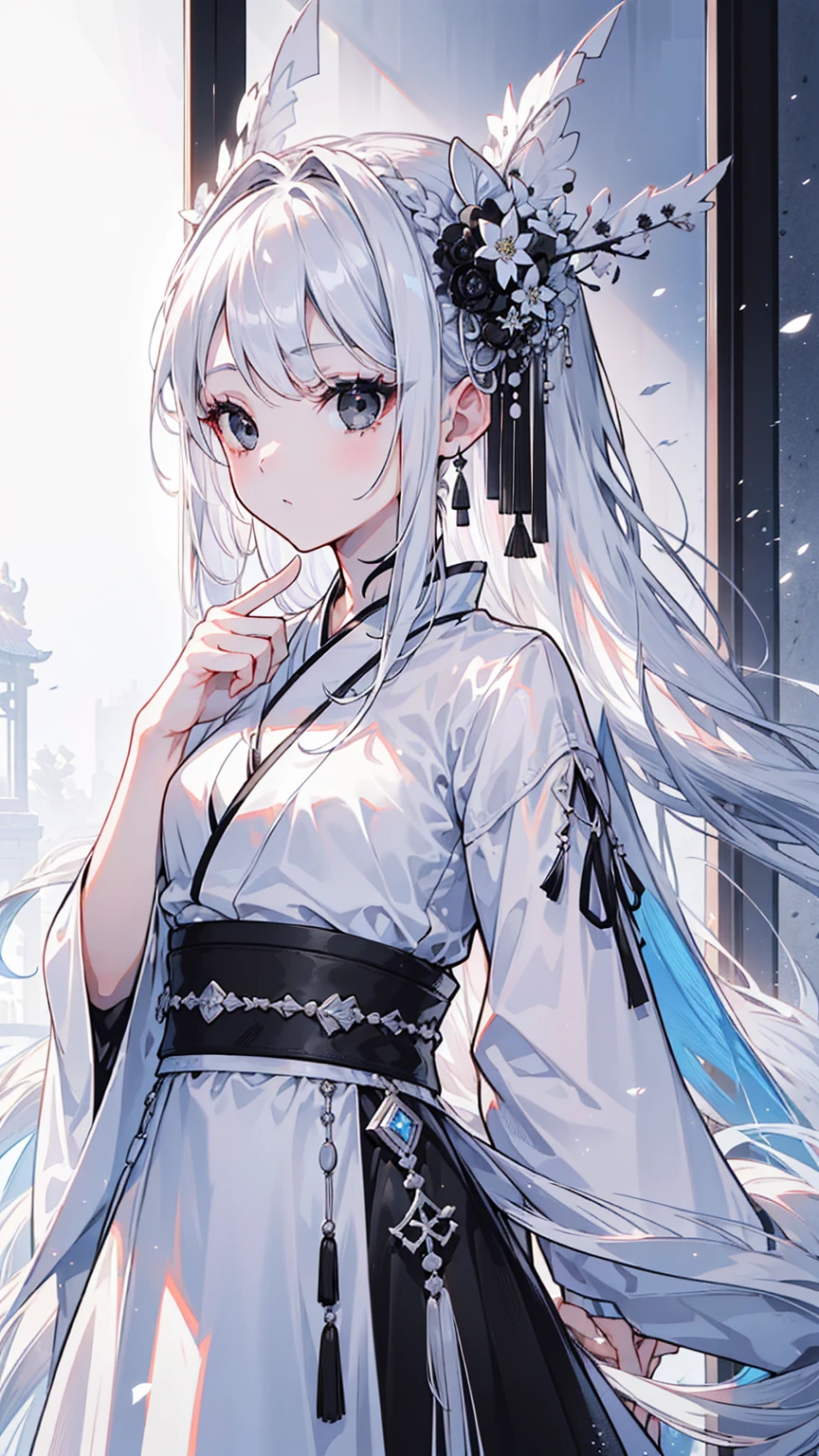 (Top image quality)、(Ultra Detailed)、(Facing forward)、top quality、masterpiece、(((1 girl)))、Silver Hair、white hair、((Long hair))、(black eyes:1.6)、(Hanfu)