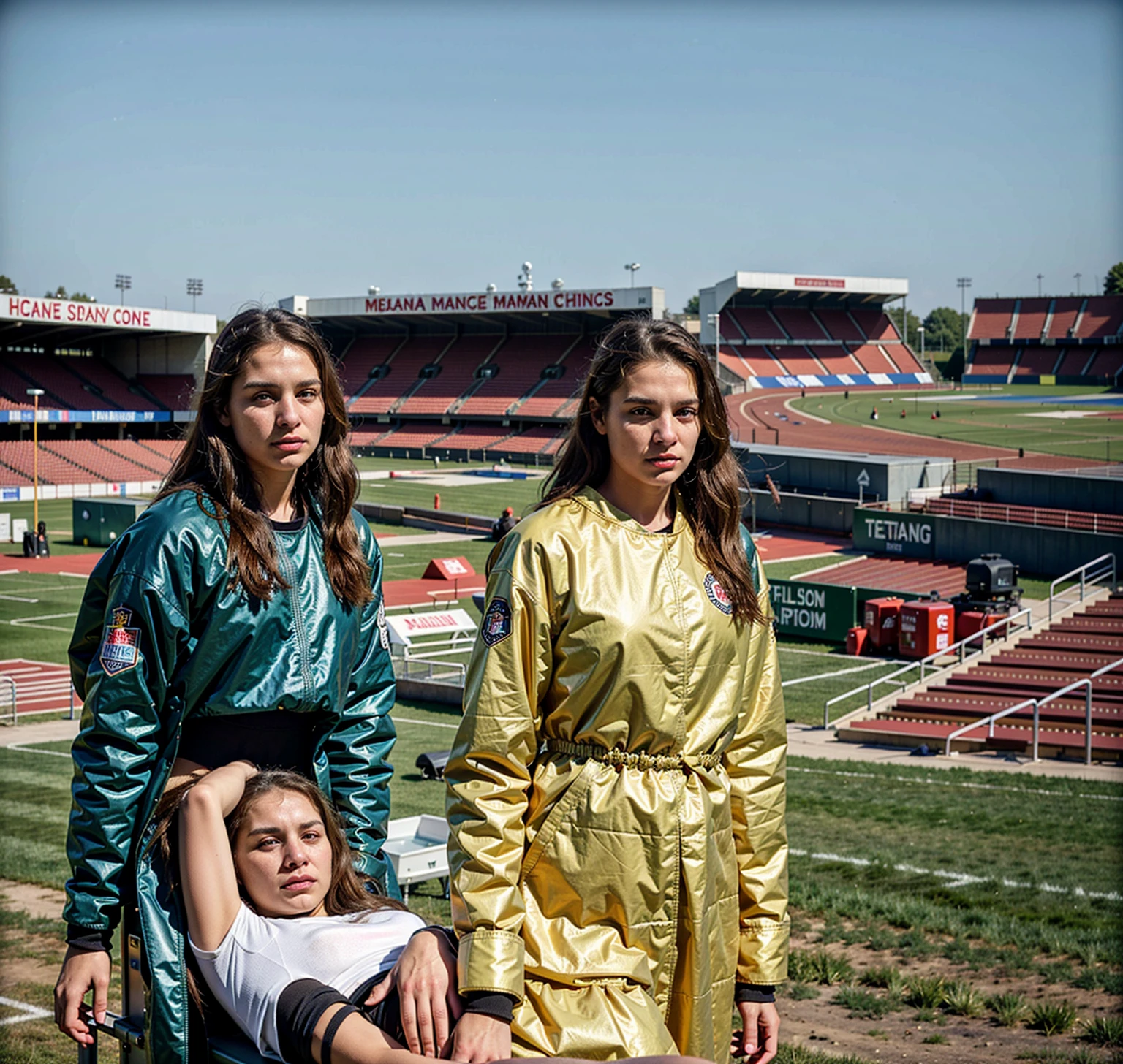 There is a man lying on a stretcher with his hands crossed over his face, a man in a t-shirt and sports shorts has crossed his hands over his face, the man has an agonised face under his hands, two longhaired and ponytailed women that are wearing very shiny coats, there are longhaired women wearing laquered puffy coats, longhaired women are walking in wetlook puffy coats, several women walking around a football field with an injured athlete on a stretcher, the injured athlete on the stretcher covers his face with both hands, the women look very worried, behind the women there is a frightening atmosphere, there is heavy rainfall in the background, video still, behind the scenes, Malika Favre, screenshot, footage, 4 0 9 6, cover photo, aesthetic shot, dramatic mood, intense scene, There is a man lying on a stretcher with his hands crossed over his face, a man in a t-shirt and sports shorts has crossed his hands over his face, the man has an agonised face under his hands, two longhaired and ponytailed women that are wearing very shiny coats, there are longhaired women wearing laquered puffy coats, longhaired women are walking in wetlook puffy coats, several women walking around a football field with an injured athlete on a stretcher, the injured athlete on the stretcher covers his face with both hands, the women look very worried