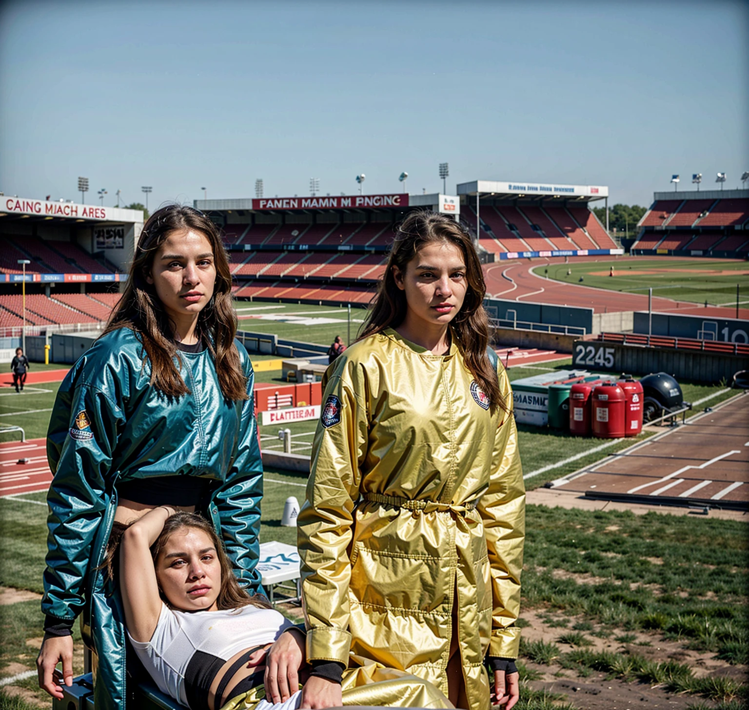There is a man lying on a stretcher with his hands crossed over his face, a man in a t-shirt and sports shorts has crossed his hands over his face, the man has an agonised face under his hands, two longhaired and ponytailed women that are wearing very shiny coats, there are longhaired women wearing laquered puffy coats, longhaired women are walking in wetlook puffy coats, several women walking around a football field with an injured athlete on a stretcher, the injured athlete on the stretcher covers his face with both hands, the women look very worried, behind the women there is a frightening atmosphere, there is heavy rainfall in the background, video still, behind the scenes, Malika Favre, screenshot, footage, 4 0 9 6, cover photo, aesthetic shot, dramatic mood, intense scene, There is a man lying on a stretcher with his hands crossed over his face, a man in a t-shirt and sports shorts has crossed his hands over his face, the man has an agonised face under his hands, two longhaired and ponytailed women that are wearing very shiny coats, there are longhaired women wearing laquered puffy coats, longhaired women are walking in wetlook puffy coats, several women walking around a football field with an injured athlete on a stretcher, the injured athlete on the stretcher covers his face with both hands, the women look very worried