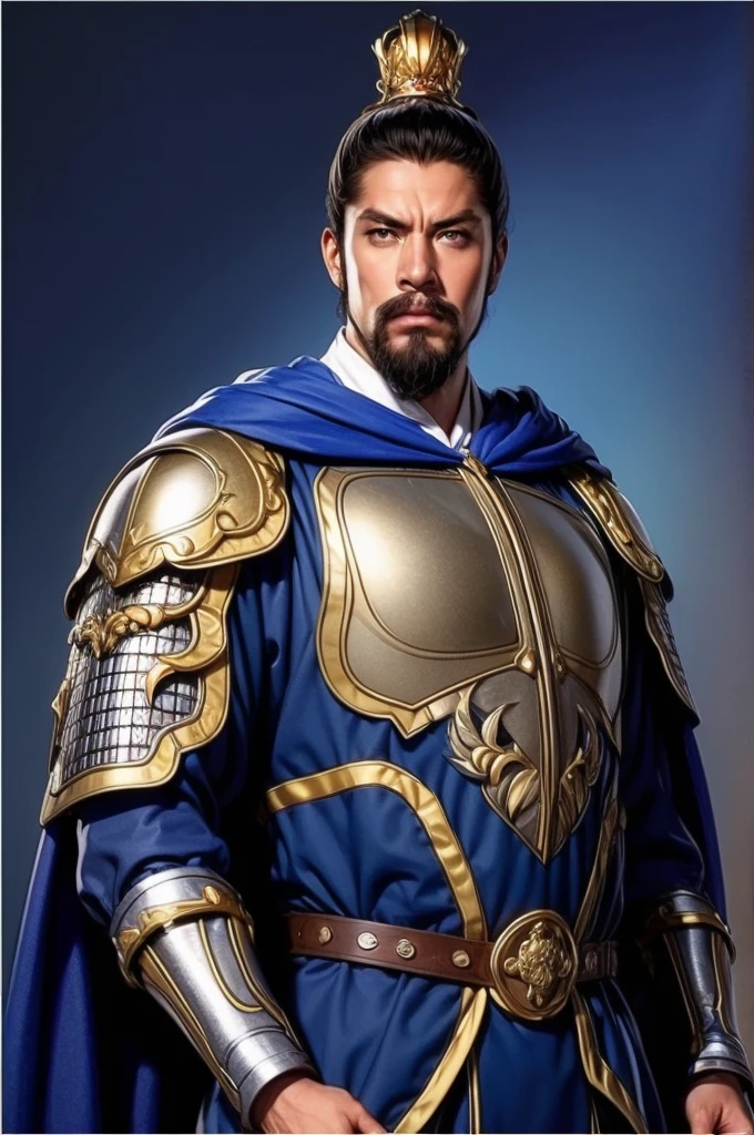 8K,man with sword,ornate armor(The elaborately crafted coat of arms of a nobleman),ultra high resolution,surreal,realistic skin,Black hair short hair,big black eyes,clear eye description, muscular body,waist armor,delicate hands, Perfect hand shape, character art, action pose,masterpiece,Realistic RAW photos of the highest quality,bright colors,rich colors, backlight, movie lights, film grain,50mm lens