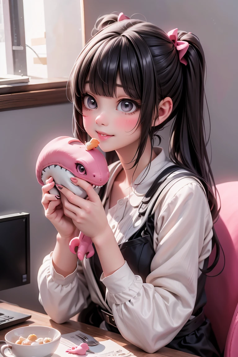 a cute girl feeding a kawaii pink dinosaur