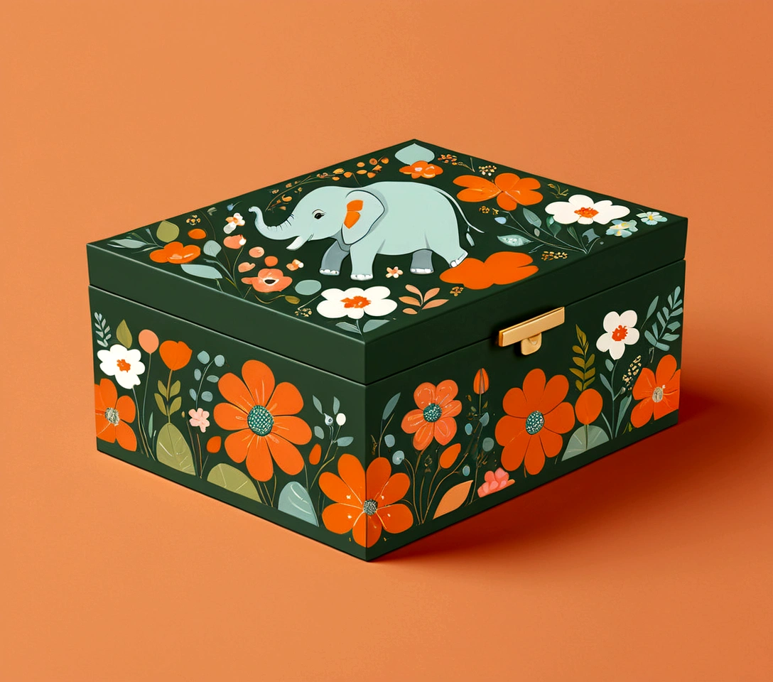 Beautifully designed flat rectangular box with handles, with 2 carrying handles, English squares, flourishing flowers, printing a cute little elephant, geometric lines, minimalist, modern, high end, cute, color blocking, floral motifs, orange and green, illustration, cartoon, geometric style, beautifully detailed, flat color vector design style,...