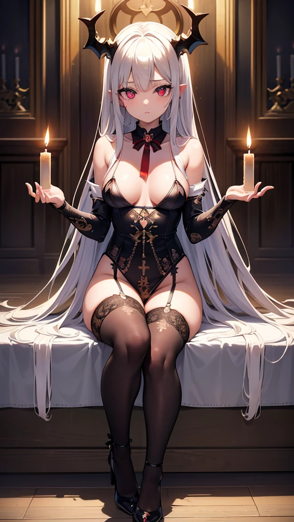 Masterpiece, top quality, best quality, official art, beautiful and aesthetic, anime, 1girl,extremely detailed, colorful, more detailed ((ultra-detailed)), (highly detailed CG illustration),Best Quality, High resolution, Unity 8k Wallpaper, (Illustration:0.8), (Beautiful detailed eyes:1.6), extra detailed face, Perfect Lighting, extremely details CG, (Perfect hands, Perfect Anatomy), church, benches, icons, candles, dark light, crosses, 1girl, 30 years,long white hair,big red eyes, devil horns,long robe,small breast,skinny fit, small ass,long legs,stockings,stocking suspenders,thighs,heels,in middle,looking in camera,sitting on knees