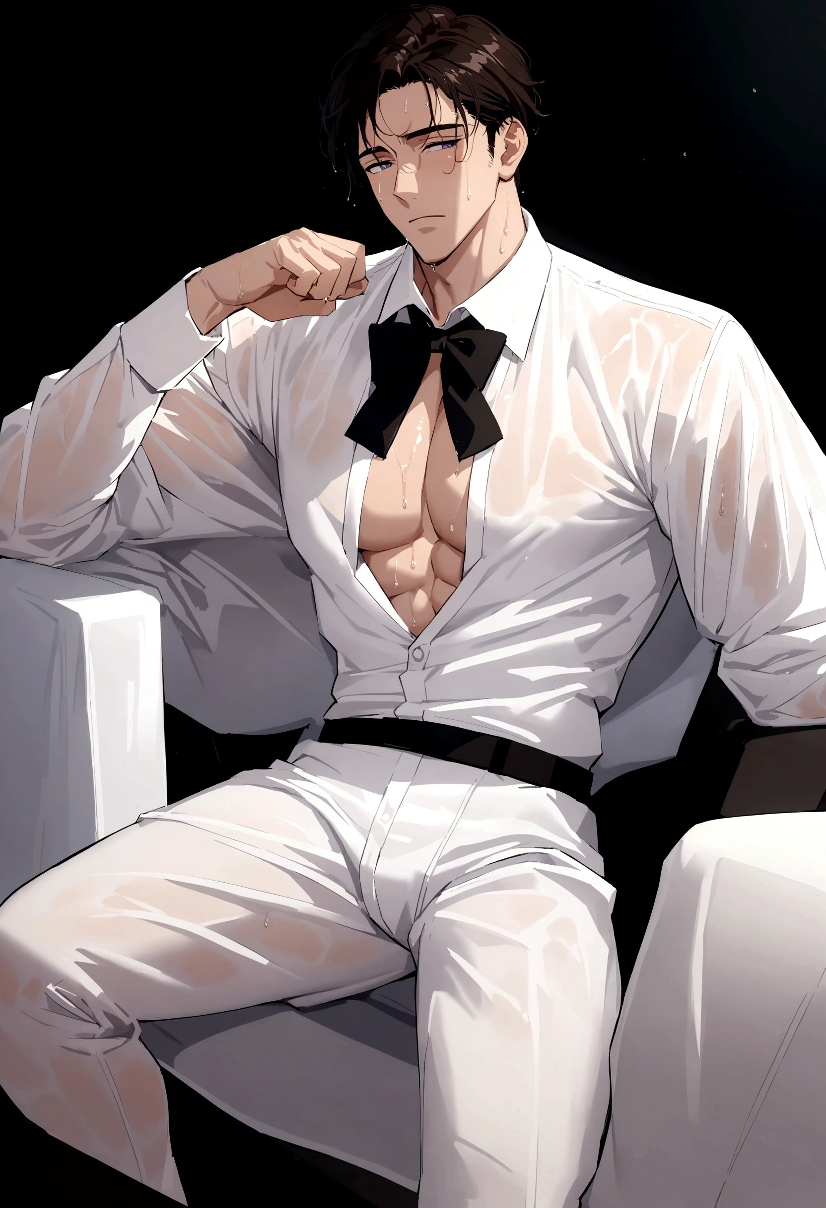 A wet man in wet white shirt and black tie sitting on a chair, big chest, anime handsome man, handsome anime pose, in wet white clothes, clothed in wet white shirt, open v chest clothes, wet white suit and black tie, highly detailed exquisite fanart