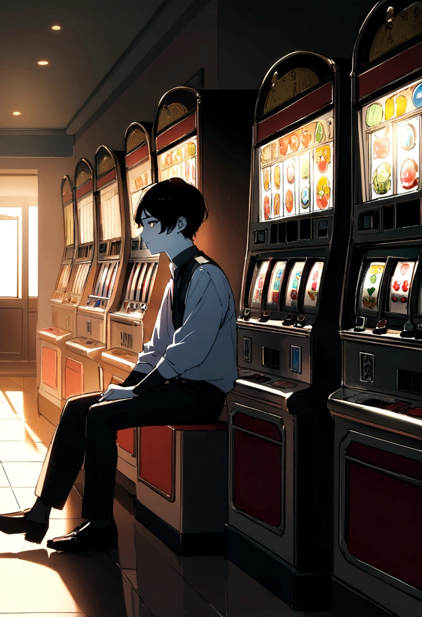 young Singaporean, bitter white skin, Release of long shiny black hair, sit in front of a slot machine, in the corridor of the hotel.