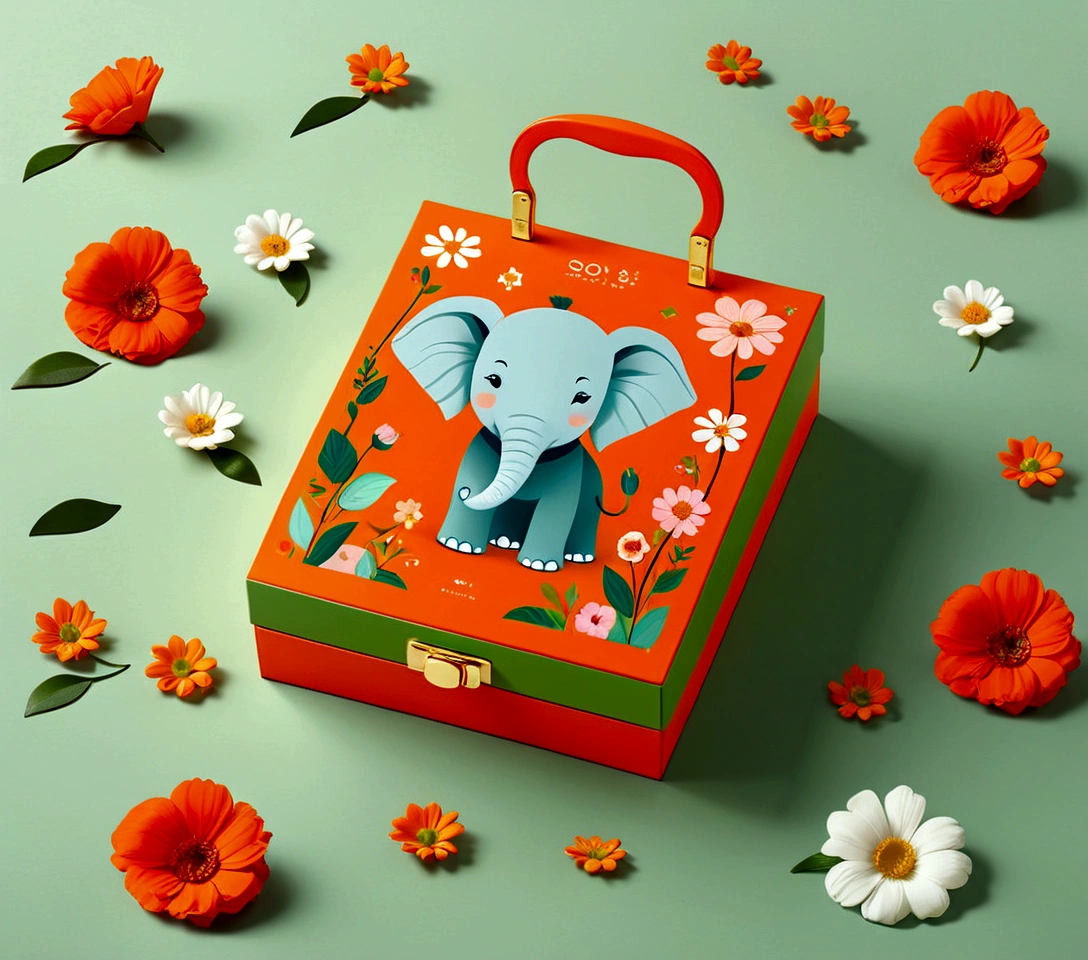 Beautifully designed flat rectangular box with handle, with carrying handle, English squares, flourishing flowers, printing a cute little elephant, geometric lines, minimalist, modern, high end, cute, color blocking, floral motifs, orange and green, illustration, cartoon, geometric style, beautifully detailed, flat color vector design style,...